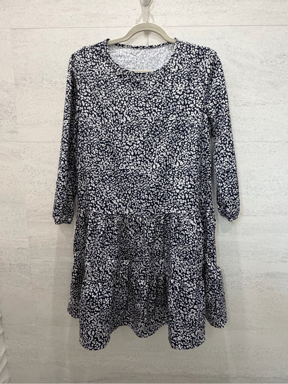 Long-Sleeve Navy and White Printed Tiered Dress